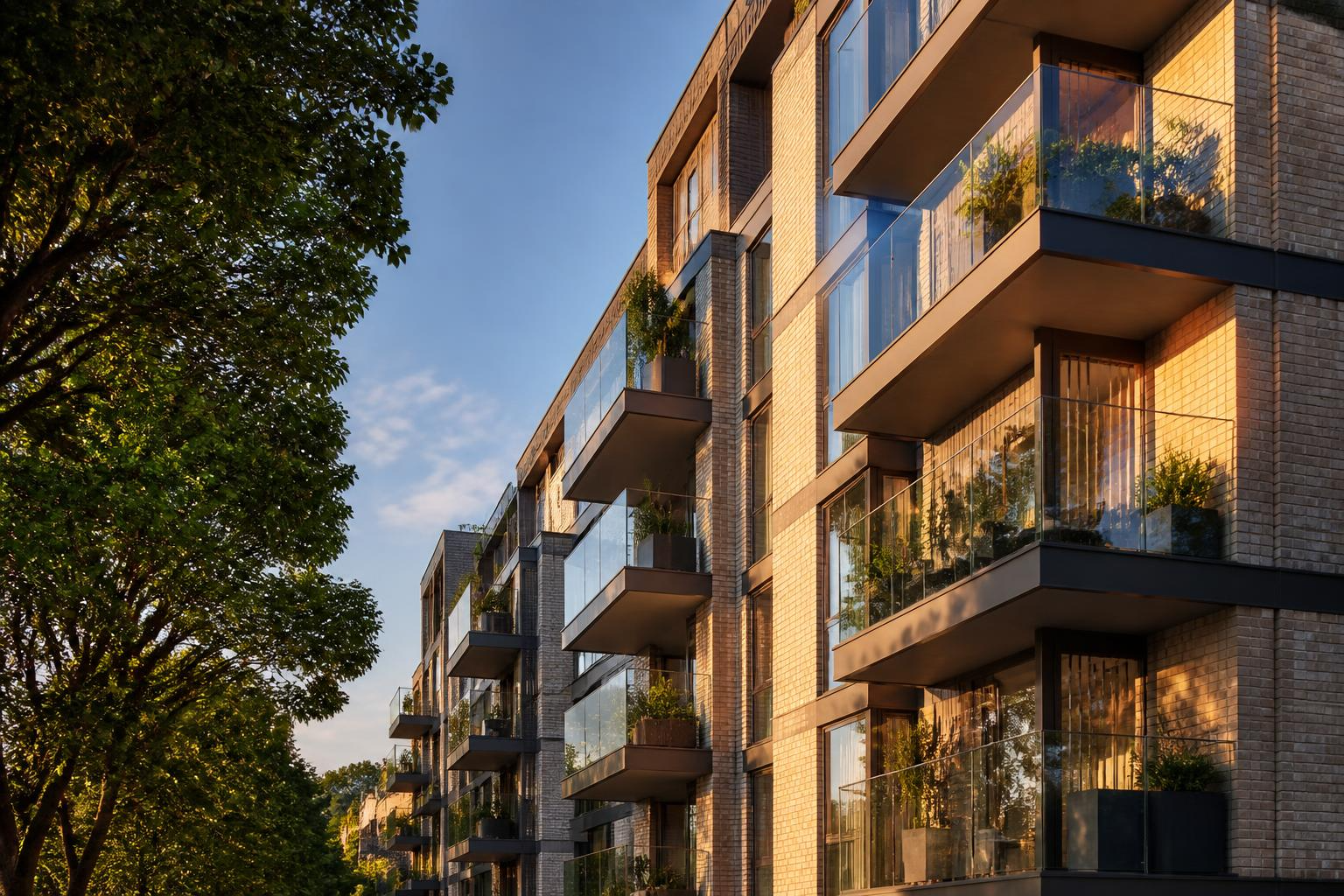Modern brick apartment block with planted glass balconies at golden hour